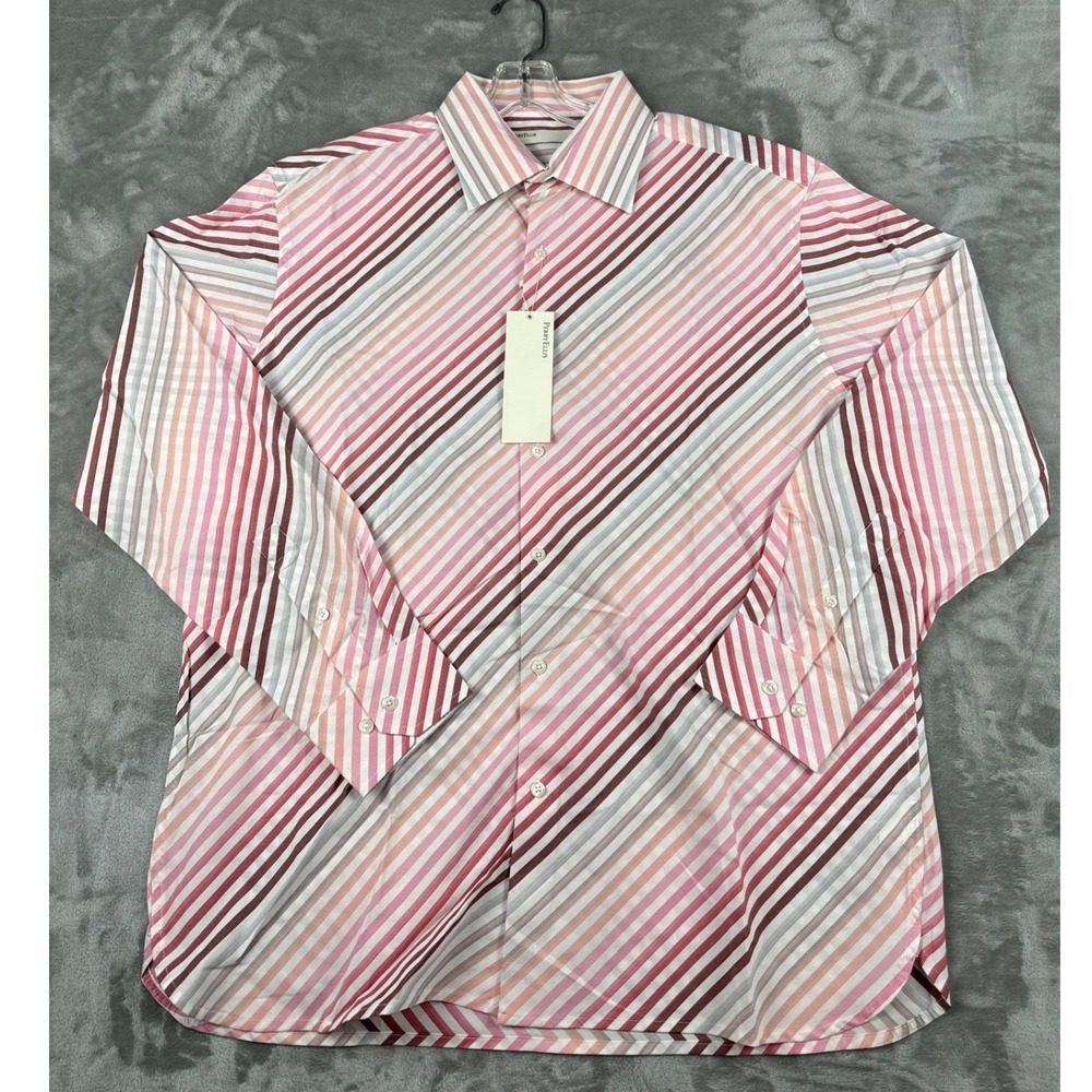 Perry Ellis Mens XL Pink Diagonal Stripe Long Sleeve Button Down Shirt